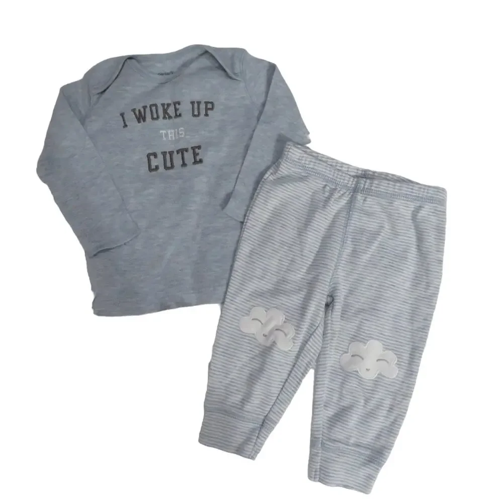 Carter's Baby Sz 6M Blue I Woke Up This Cute Two Piece Set Cloud Detail Striped